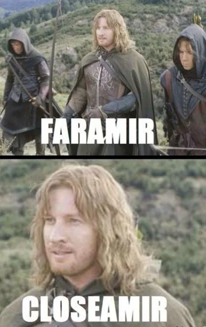 The top panel shows three characters from Lord of the Rings, with the central figure labeled 'FARAMIR'. The bottom panel is…