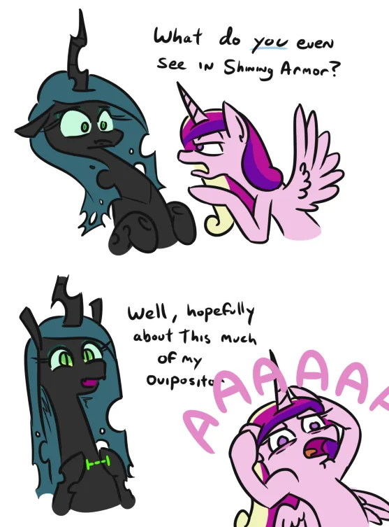 Two panels show a dark blue pony with a horn and a black mane asking a pink pony with a purple mane and wings, 'What do you…