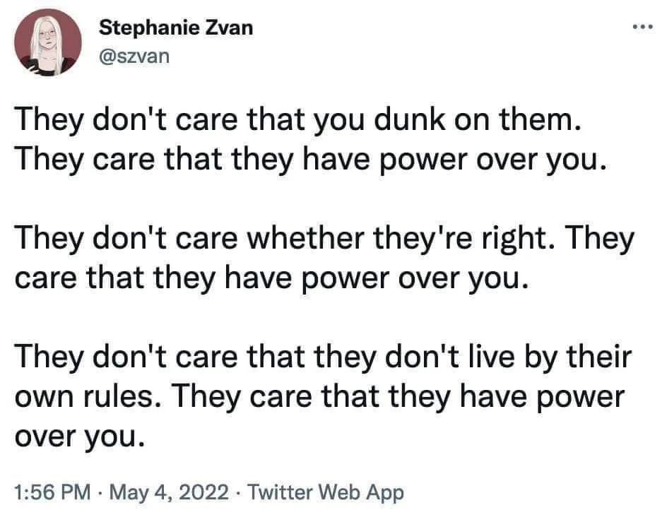 A screenshot of a Twitter post by Stephanie Zvan showing three identical repeated lines of text: 'They don't care that you…