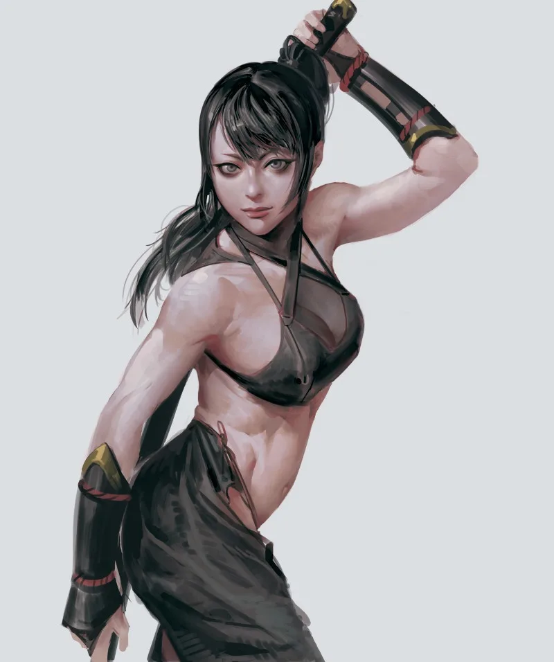 A digitally illustrated anime-style woman with dark hair and intense eyes, wearing a revealing black outfit with arm guards…