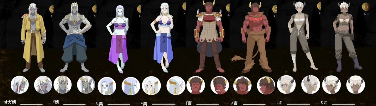 A horizontal lineup of eight anime-style characters, each shown in full body and a circular headshot below, with Japanese…