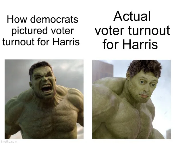 The image is a two-panel meme featuring the character Hulk. The left panel shows Hulk enraged and yelling, with text above…
