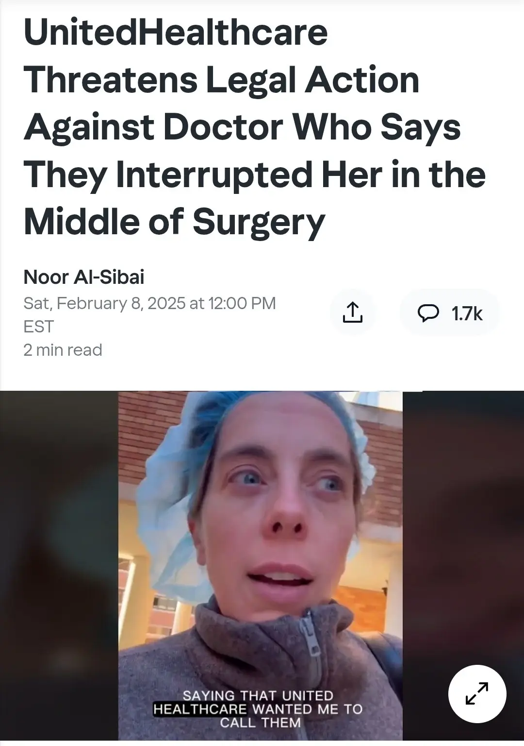 A screenshot of a news article headline about UnitedHealthcare threatening legal action against a doctor who claims they…