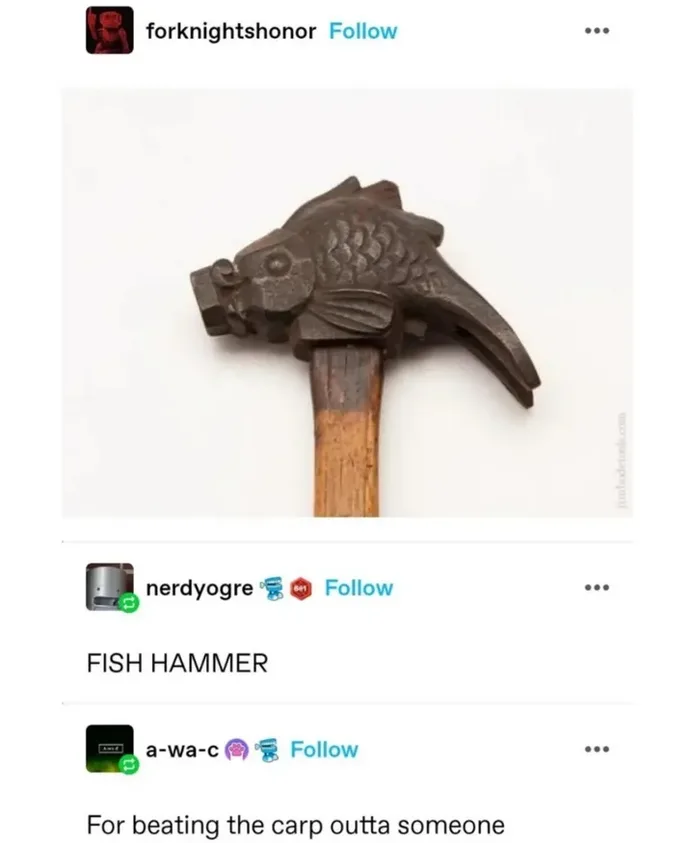 A close-up photo of a hammer with a head shaped like a fish, featuring carved scales and fins. Overlaid text reads 'FISH…