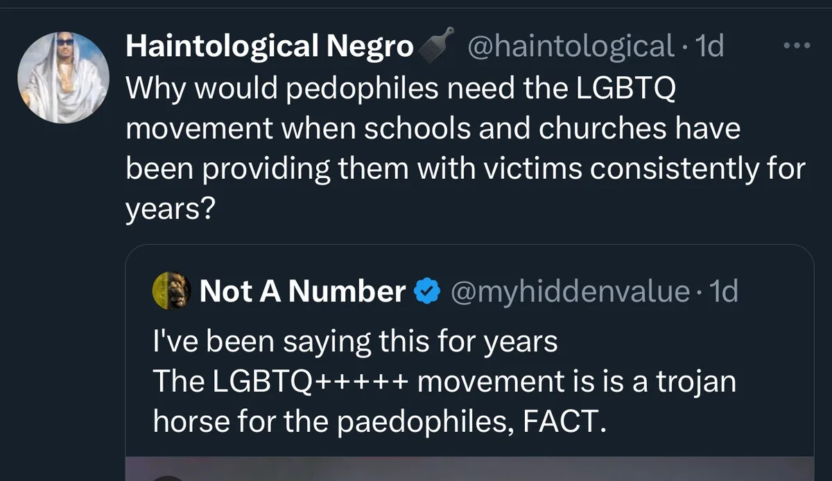 A screenshot of two Twitter replies showing a user named 'Haintological Negro' asking why pedophiles would need the LGBTQ…