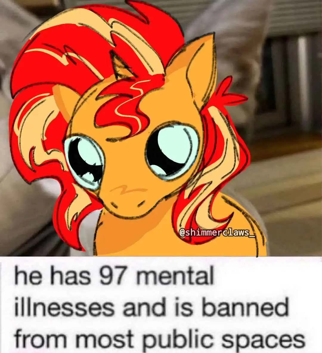 A cartoon pony with orange fur and red-and-yellow hair, drawn in a simple anime style, is superimposed over a blurry photo…
