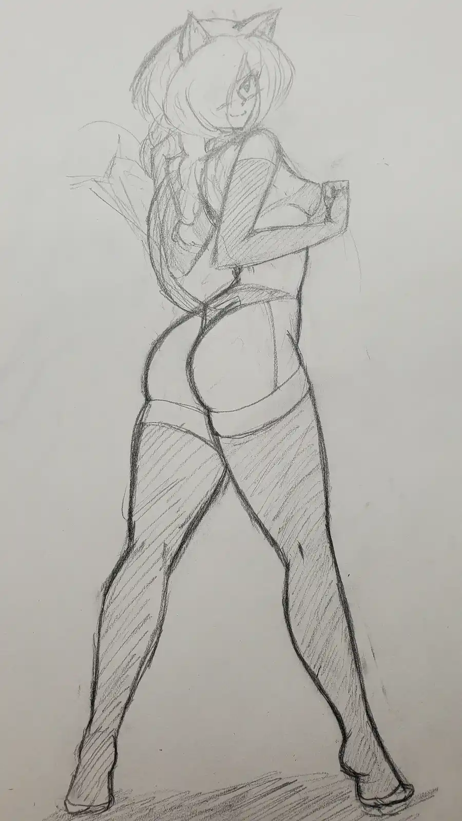 A pencil sketch of an anime-style female character with cat ears and a tail, standing in a confident pose with arms crossed…