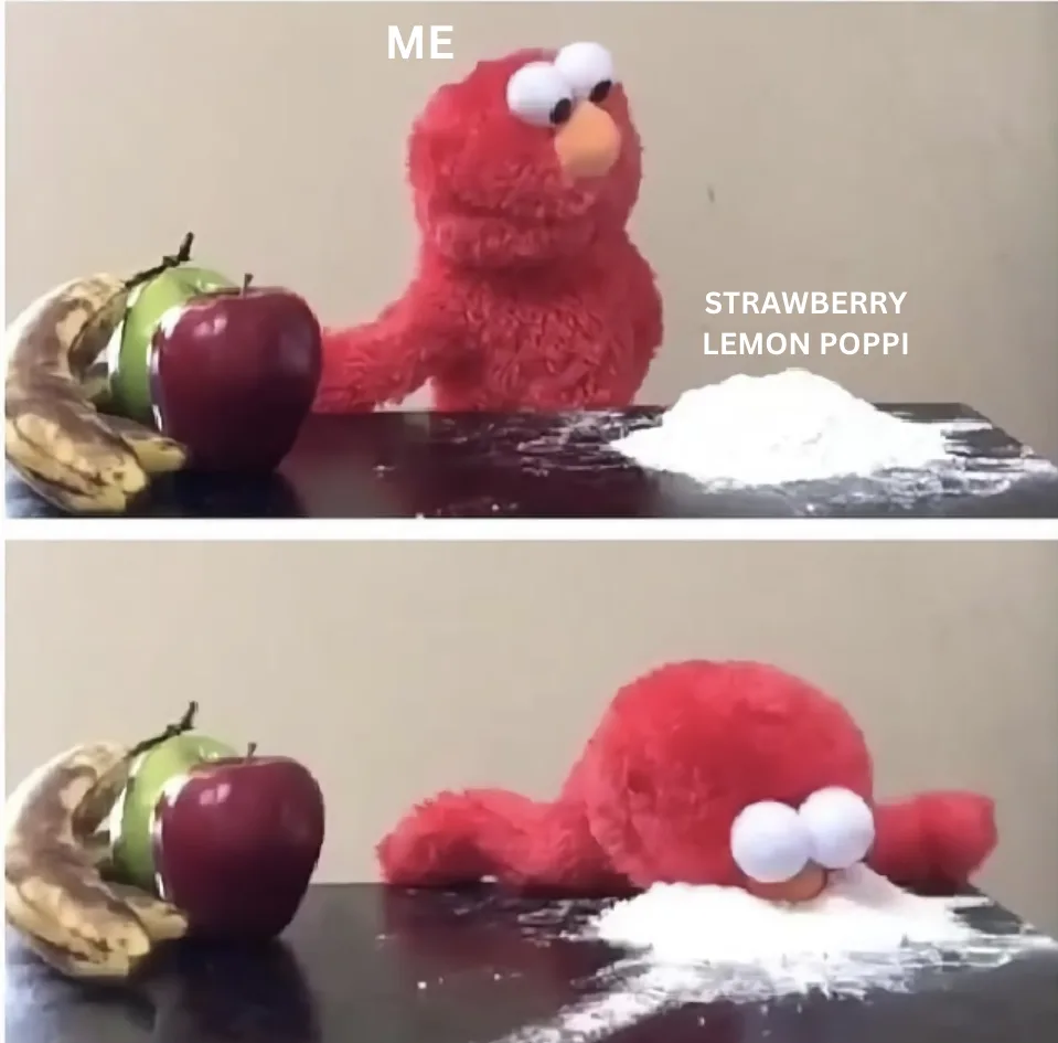 The top panel shows a red Elmo plush toy labeled 'ME' sitting upright next to a pile of white powder labeled 'STRAWBERRY…