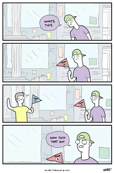 A four-panel comic strip shows a man in a green cap holding a red triangular flag labeled 'TEAM A'. He asks 'WHAT'S THIS?'…