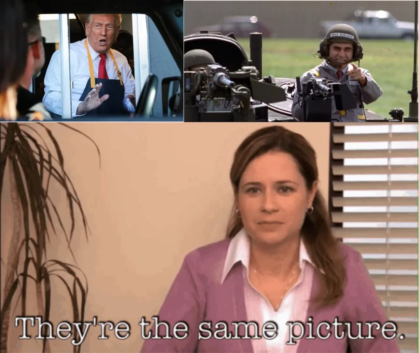 The image is a three-panel meme. Top left: Donald Trump in a car wearing a chef's apron and tie, gesturing. Top right: A…