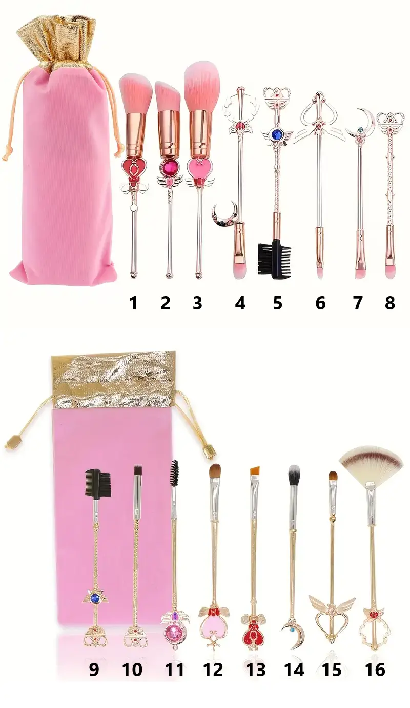 Two rows of makeup brushes, each with a decorative handle resembling a magical wand or scepter from a fantasy anime, are…