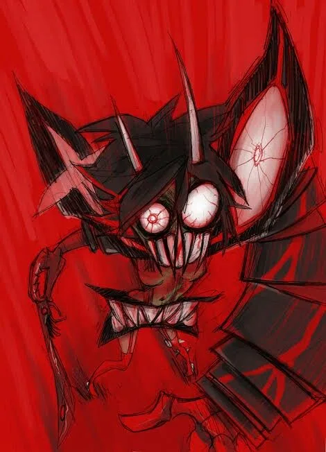 A stylized, menacing cartoon character with black spiky hair, glowing red eyes, sharp teeth, and horns, set against a…