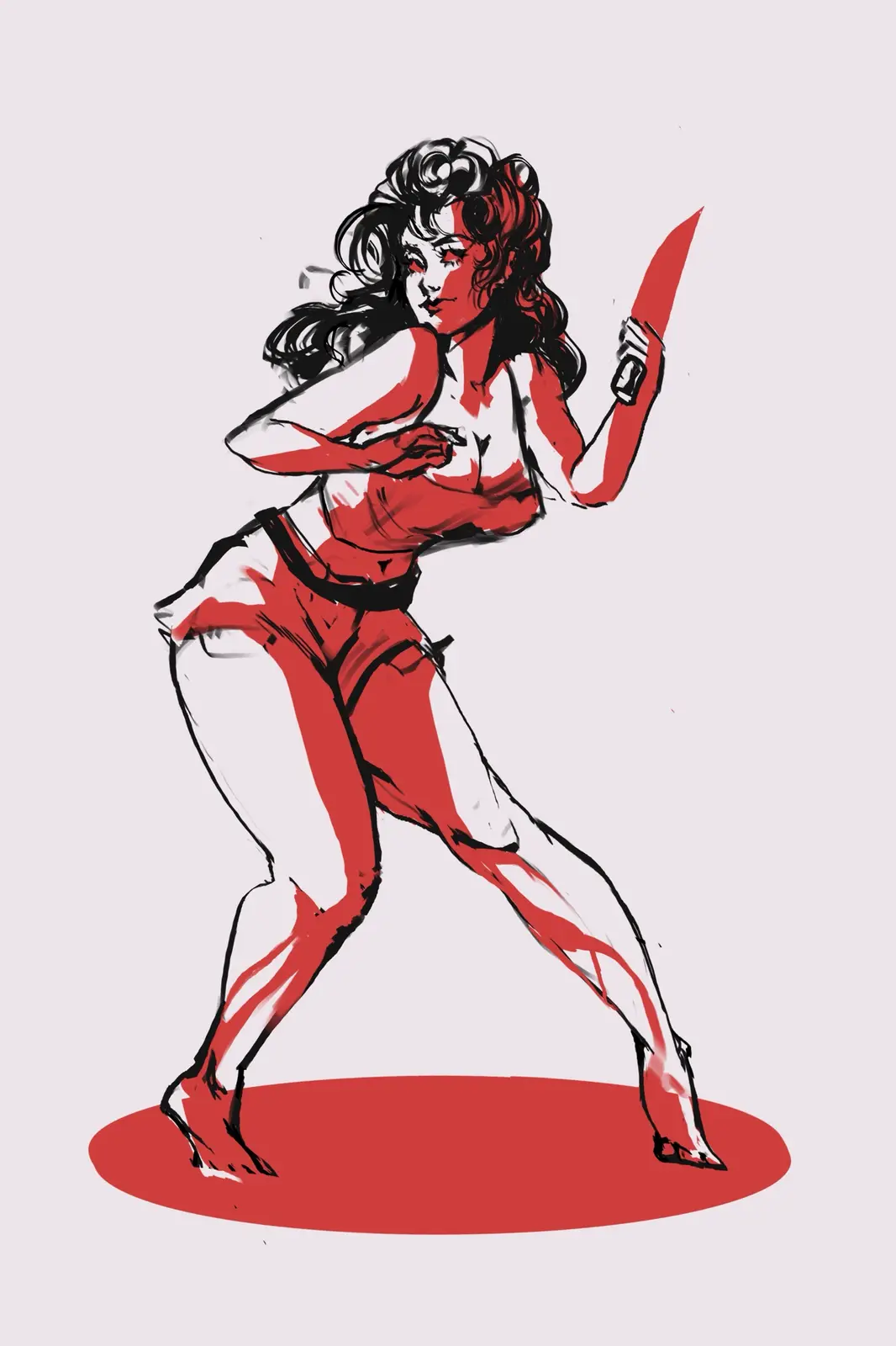 A stylized illustration of a woman with red and white coloring, holding a knife in a threatening stance, standing on a red…