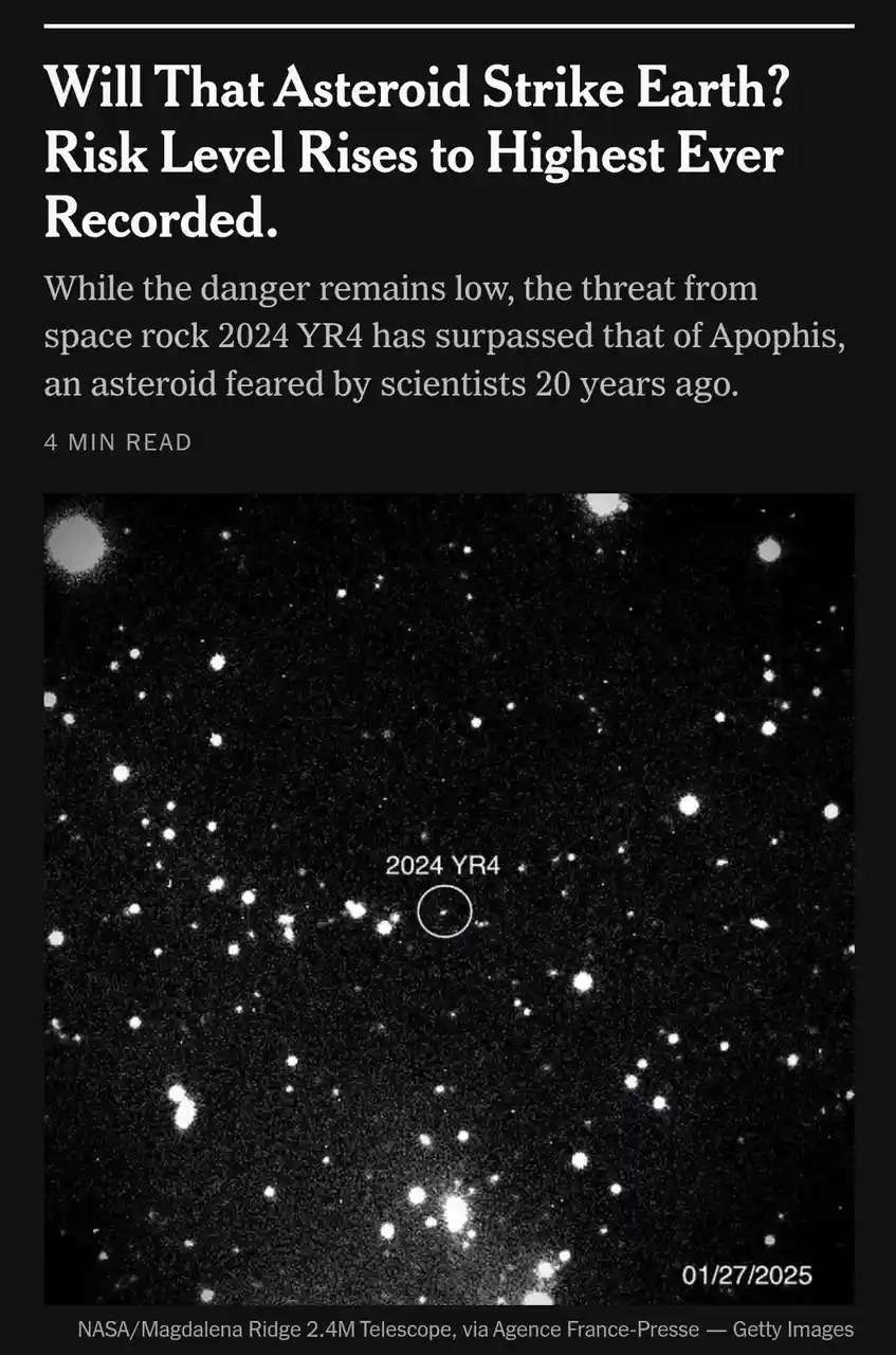 A black-and-white astronomical image shows a starfield with a small, faint object labeled '2024 YR4' circled in white, dated…