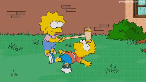 This image is a six-panel comic strip from The Simpsons, showing Lisa Simpson holding a hammer over Bart Simpson, who is…