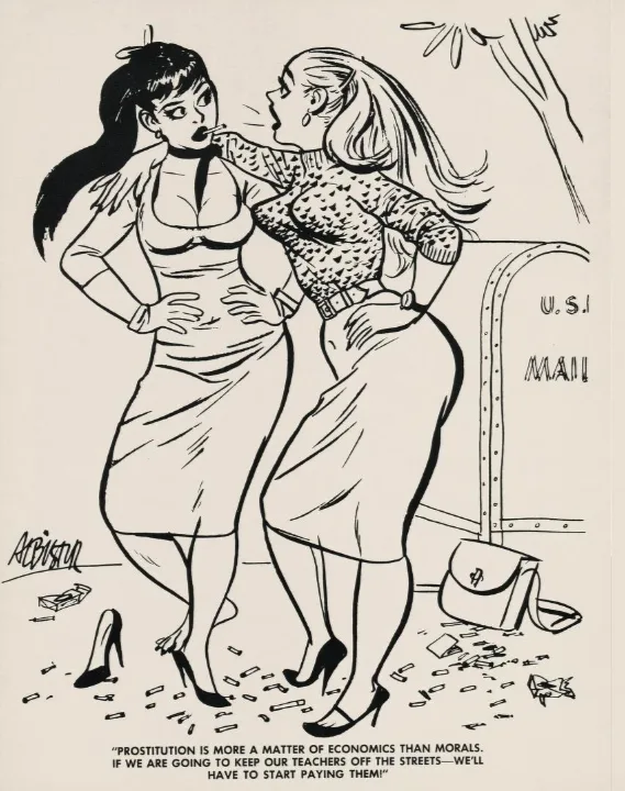 A vintage black-and-white comic illustration shows two women in 1950s-style dresses. One woman, with dark hair and a choker…