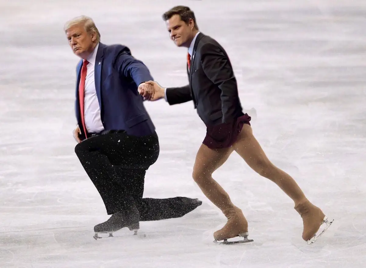 Two men are ice skating on a rink; one, resembling Donald Trump, wears a suit and has a stern expression while holding hands…