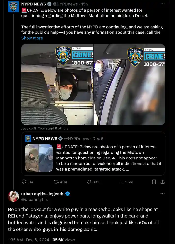 A screenshot of a tweet from 'urban myths, legends' mocking an NYPD update about a 'person of interest' in a Manhattan…