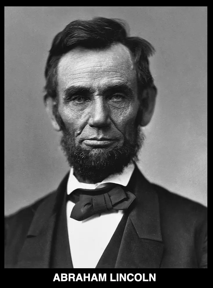 A black-and-white historical portrait of Abraham Lincoln, showing his face, beard, bow tie, and suit. The text 'ABRAHAM…