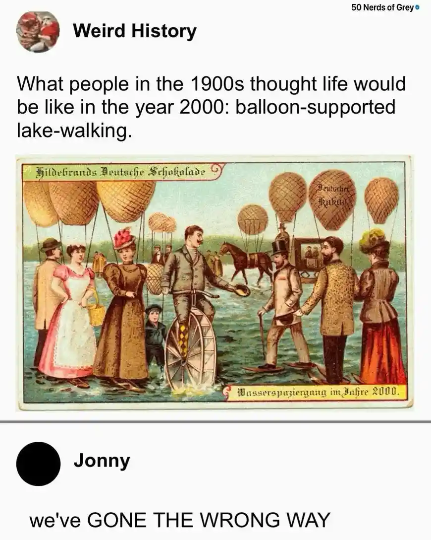 An old-fashioned, colorful illustration depicts people in 1900s clothing on a lake, with some walking on stilts and others…