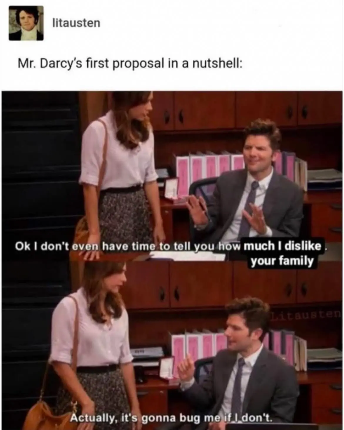 A two-panel meme featuring a man in a suit sitting at a desk and a woman standing beside him. In the top panel, the man…