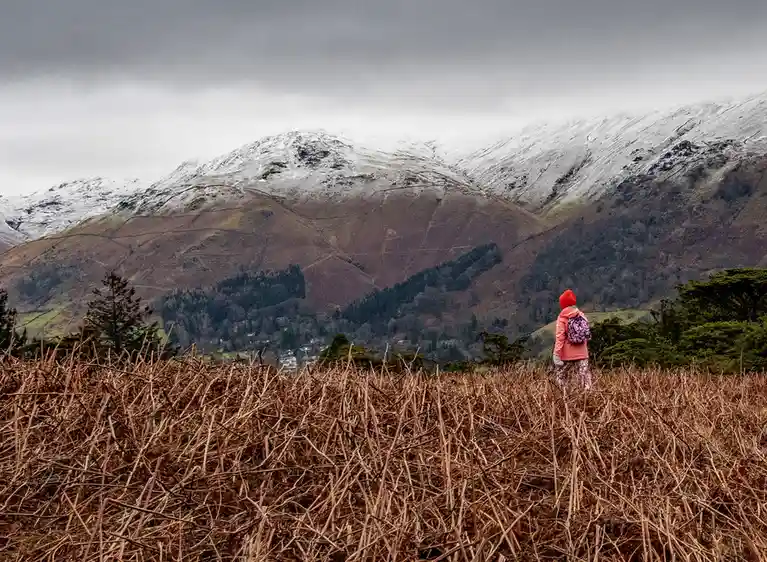 A person in a bright pink winter coat and red hat stands in a field of dry, brown brush, looking toward snow-capped…