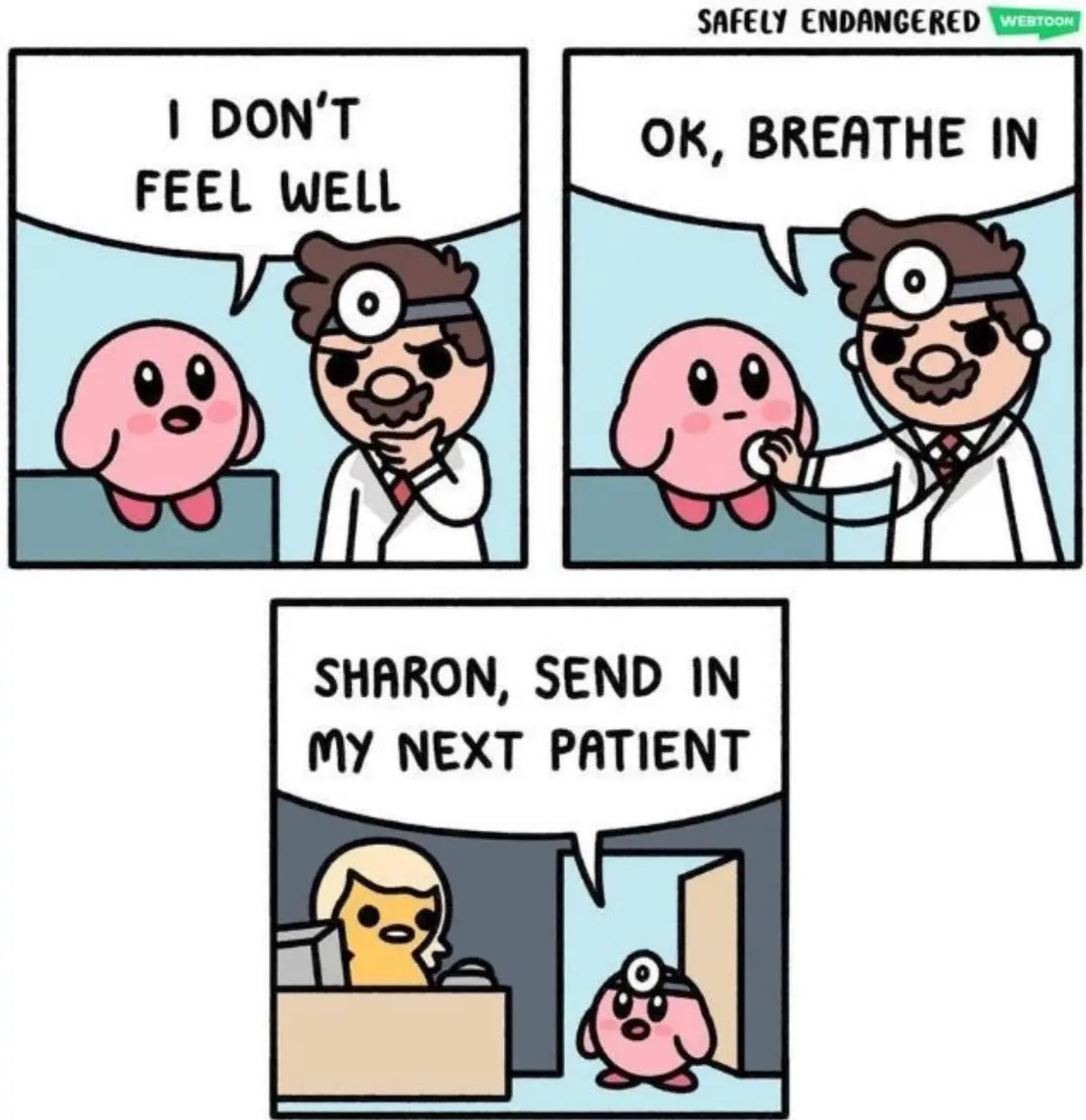A three-panel comic strip from 'Safely Endangered' by Webtoon shows a pink, round character (Kirby) visiting a doctor. In…