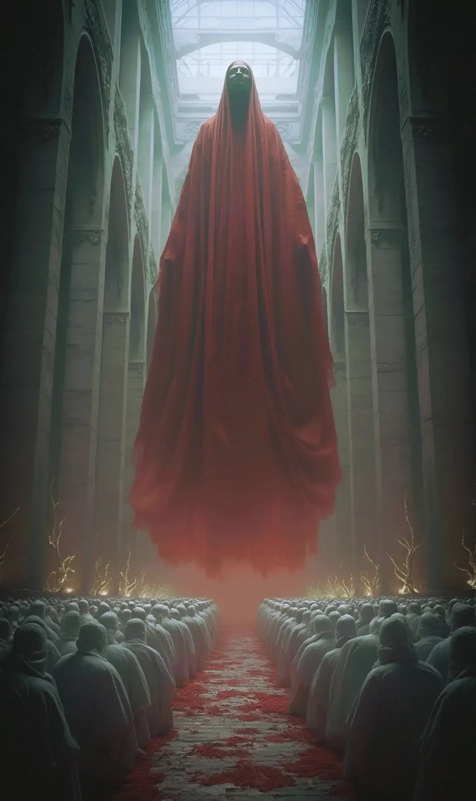 A towering, ominous figure in a flowing red robe hovers above a vast crowd of people in grey robes kneeling in a grand…
