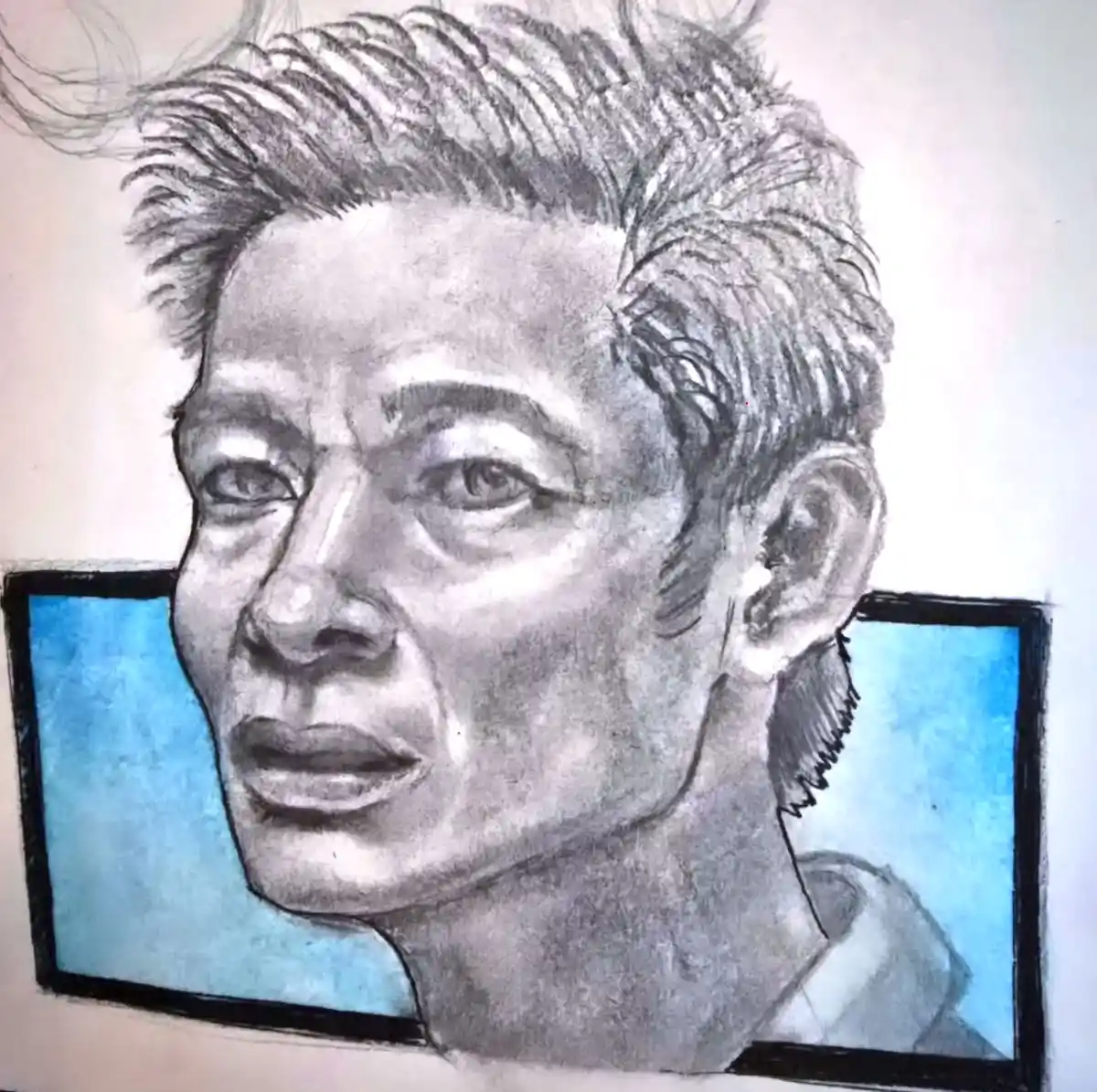 A detailed pencil sketch of a man's face, drawn as if emerging from a blue-framed screen, with the overlaid text 'i'm not a…