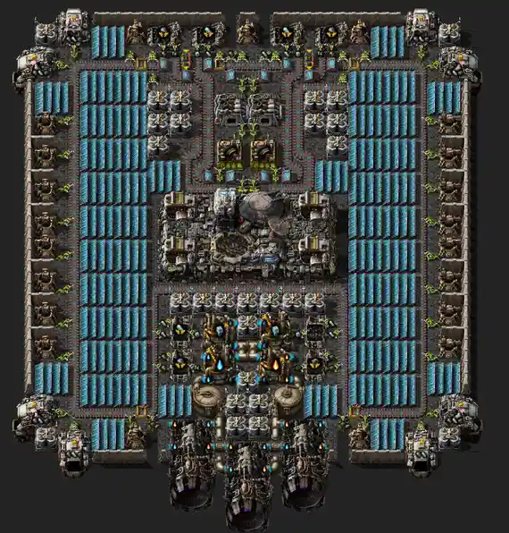 This image displays a highly organized and expansive base layout from the game Factorio, featuring numerous blue solar…