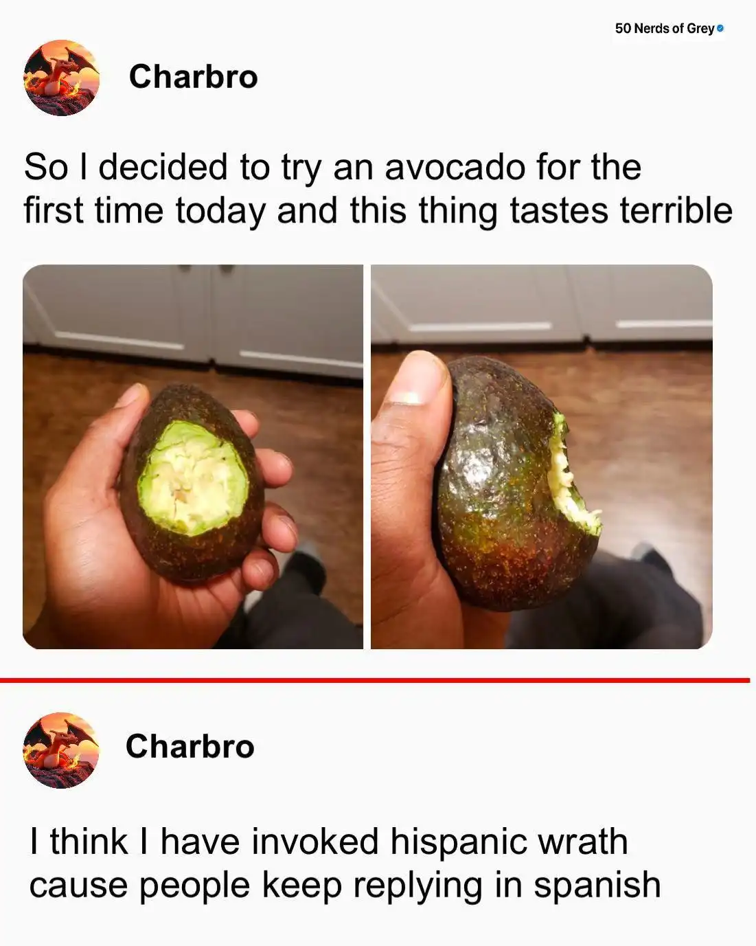 A two-panel social media post by 'Charbro' shows a hand holding a halved avocado in the first panel and a bitten avocado in…