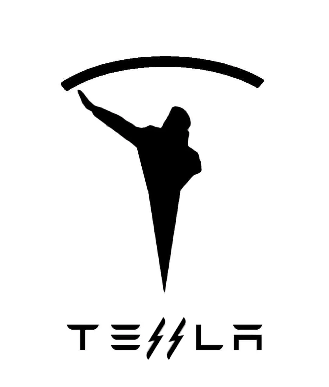 The image shows the Tesla logo, which is a black silhouette of a person in a yoga pose with one arm raised, forming the…