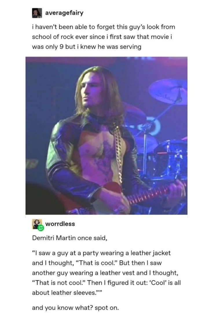 A screenshot of a social media post showing a man with long hair, wearing a leather jacket with exposed chest and leather…