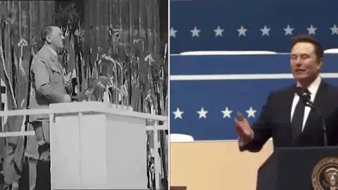 A split-screen meme juxtaposes historical black-and-white footage of Adolf Hitler giving a speech at a podium with modern…