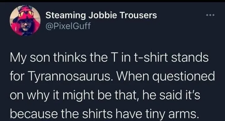 A screenshot of a tweet from user 'Steaming Jobbie Trousers' (@PixelGuff) showing a dark background with white text. The…