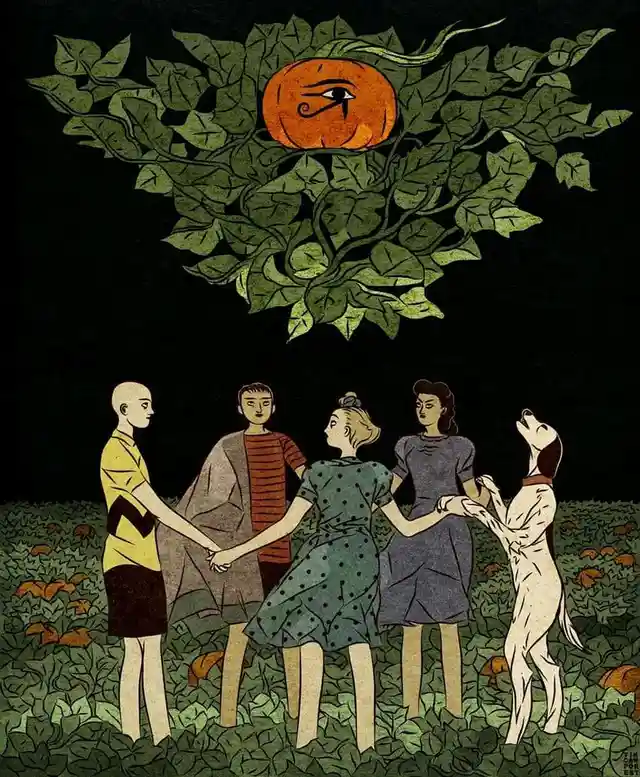 An illustration shows five people and a dog holding hands in a circle in a field, looking up at a large pumpkin with an eye…