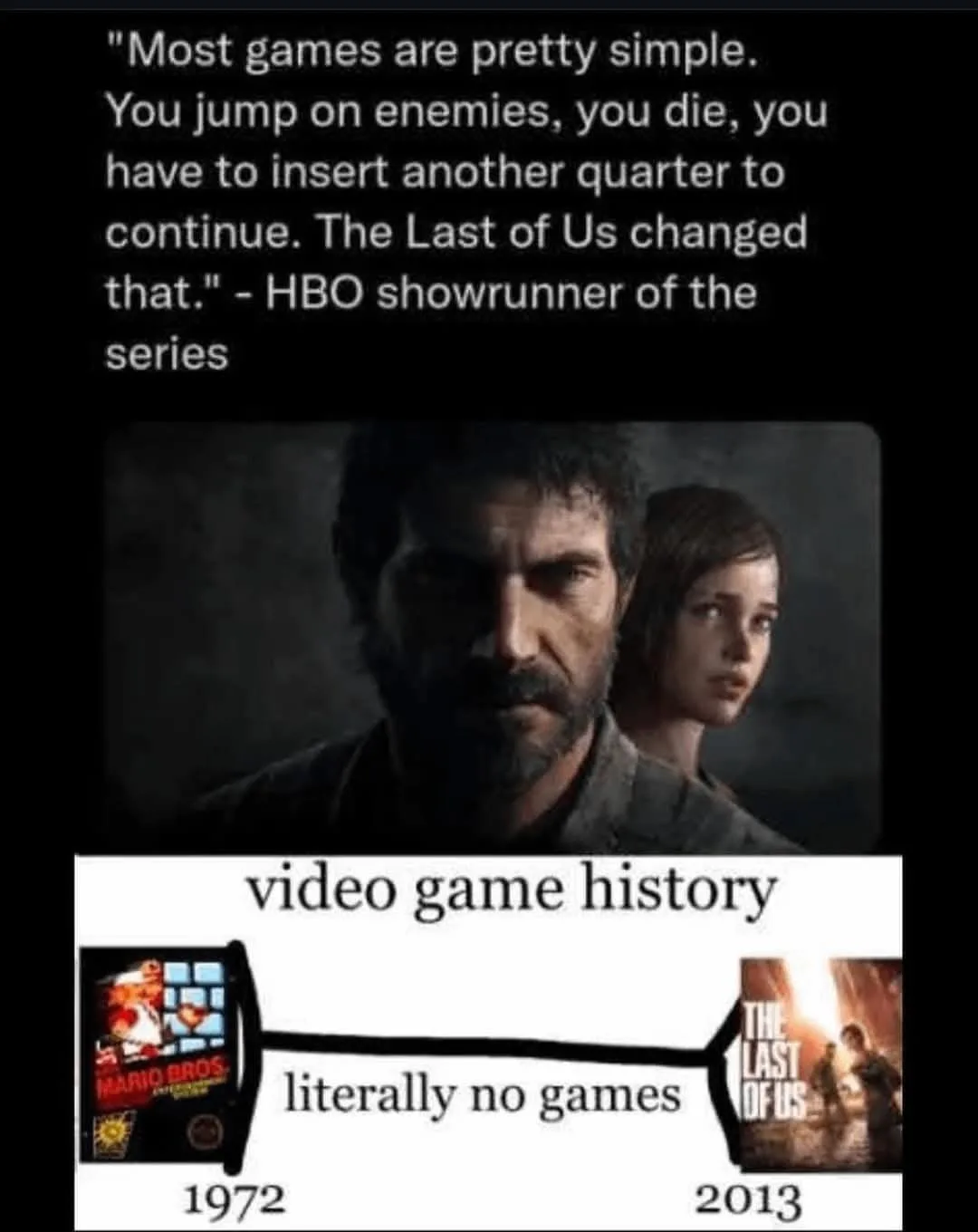The image displays a meme with a top section showing a quote attributed to an HBO showrunner about video games, overlaid on…