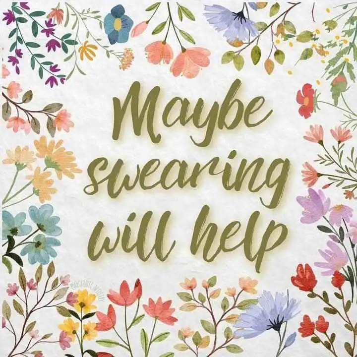 A floral illustration with colorful flowers and leaves framing a central text that reads 'Maybe swearing will help' in a…