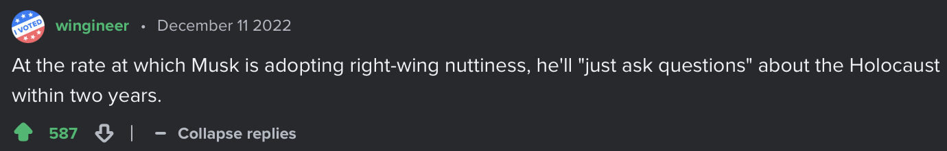 A screenshot of a Reddit comment from user 'wingineer' dated December 11, 2022, with 587 upvotes. The comment reads: 'At the…