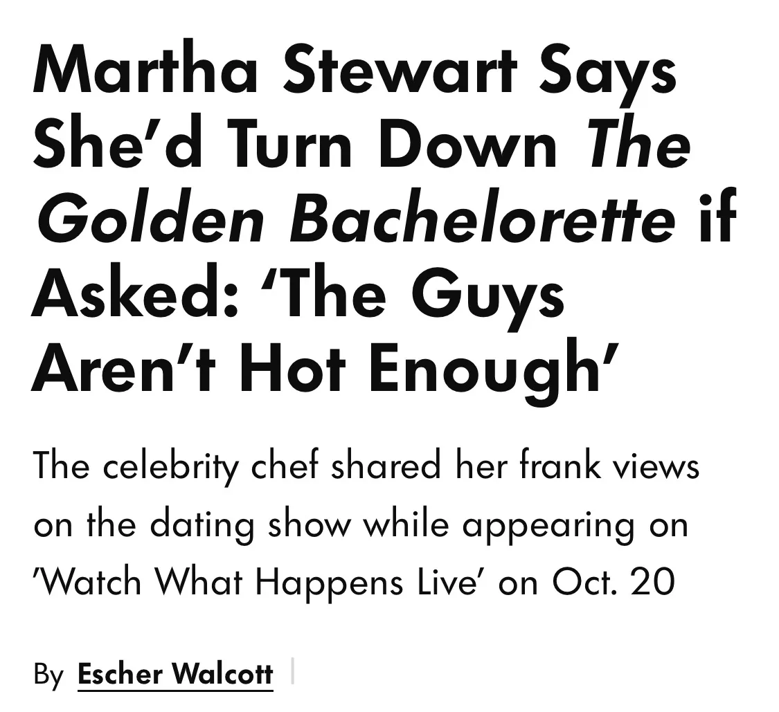The image displays a news article headline in bold black text on a white background. The headline reads 'Martha Stewart Says…
