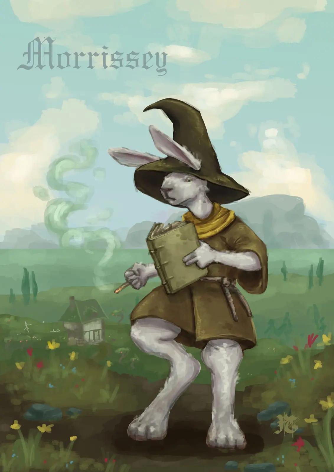 A whimsical illustration of a white rabbit dressed as a wizard, wearing a pointed hat and holding a book and a cigarette…