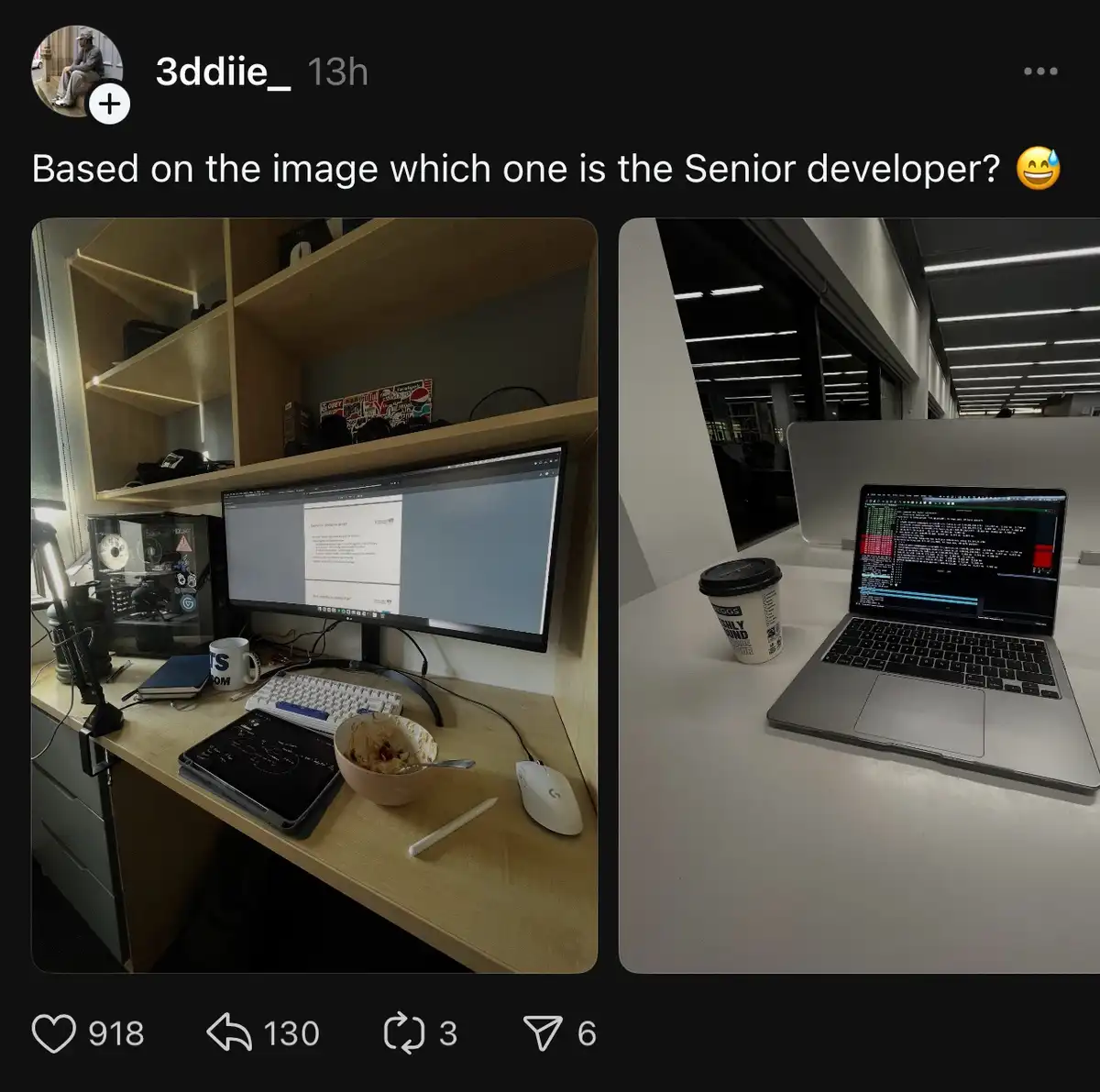 The image displays two side-by-side photos of developer workspaces. The left photo shows a cluttered desk with a large…