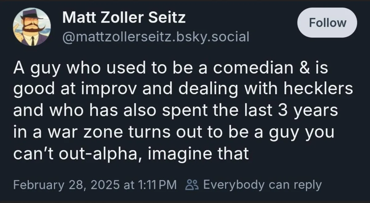 A screenshot of a social media post by Matt Zoller Seitz, featuring his profile picture and a dark-themed interface. The…