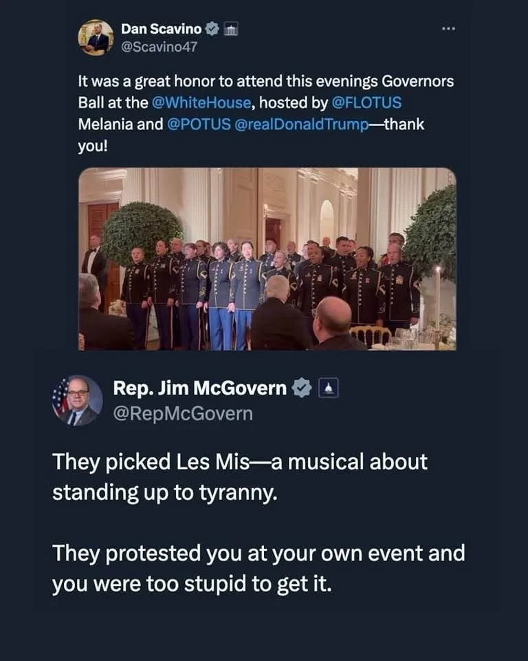 A screenshot of a Twitter thread shows Dan Scavino posting a photo of a military choir performing at a White House event…