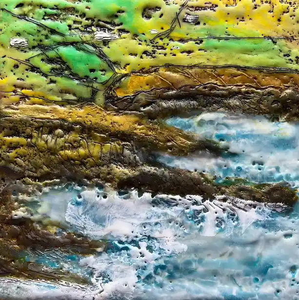 An abstract painting with layered, textured bands of green, yellow, brown, and blue, resembling a landscape or geological…