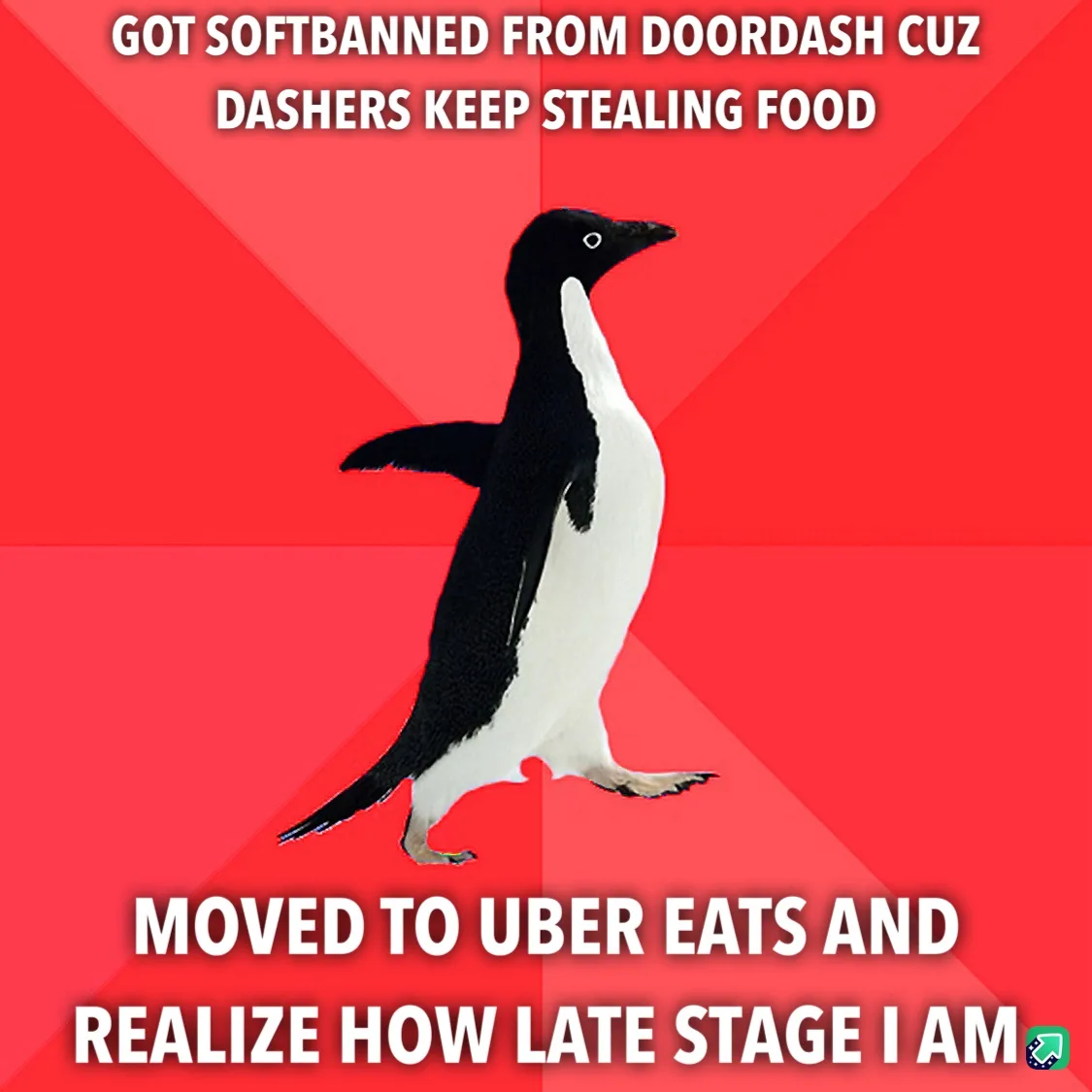 A black-and-white penguin stands against a red background with diagonal stripes. White text at the top reads 'GOT SOFTBANNED…