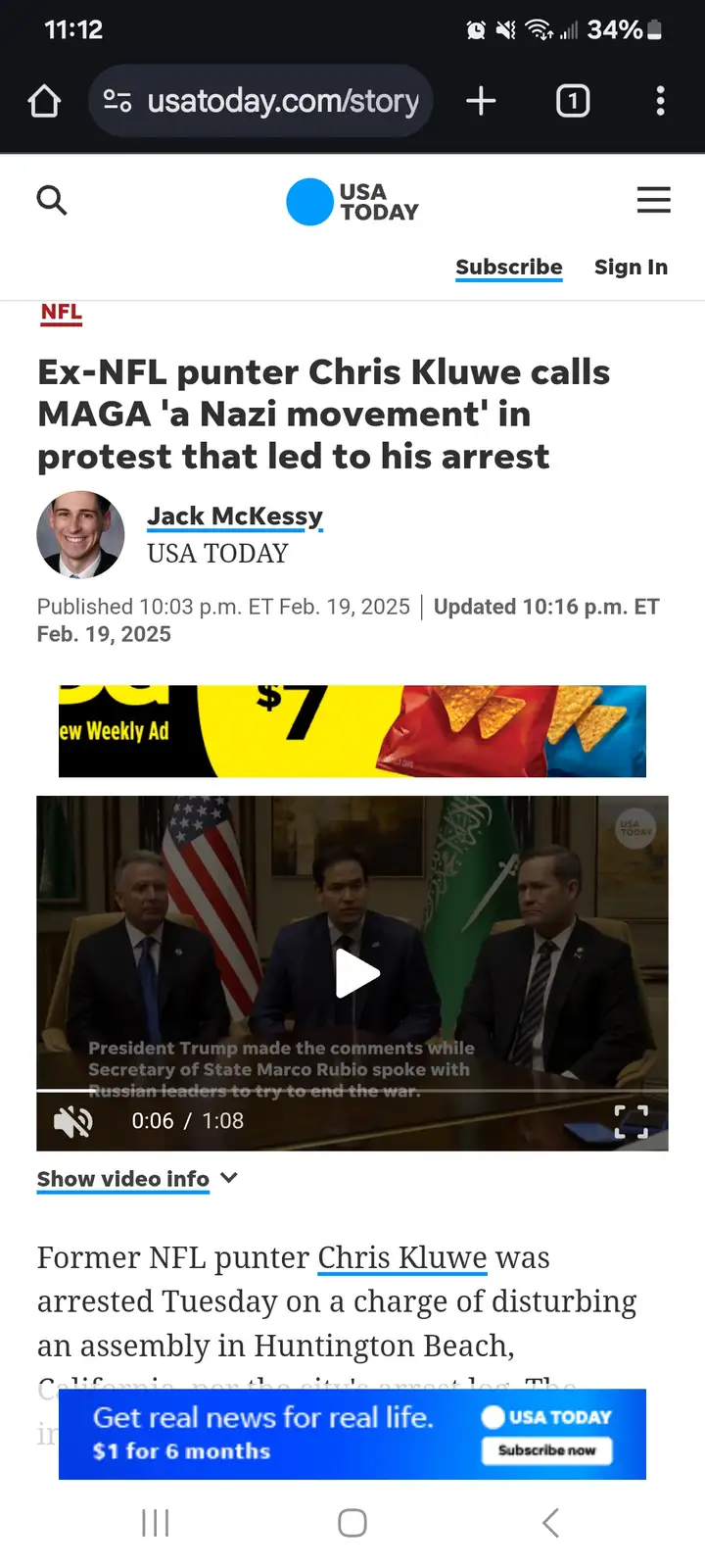 This is a screenshot of a USA TODAY news article about former NFL punter Chris Kluwe being arrested for calling MAGA 'a Nazi…