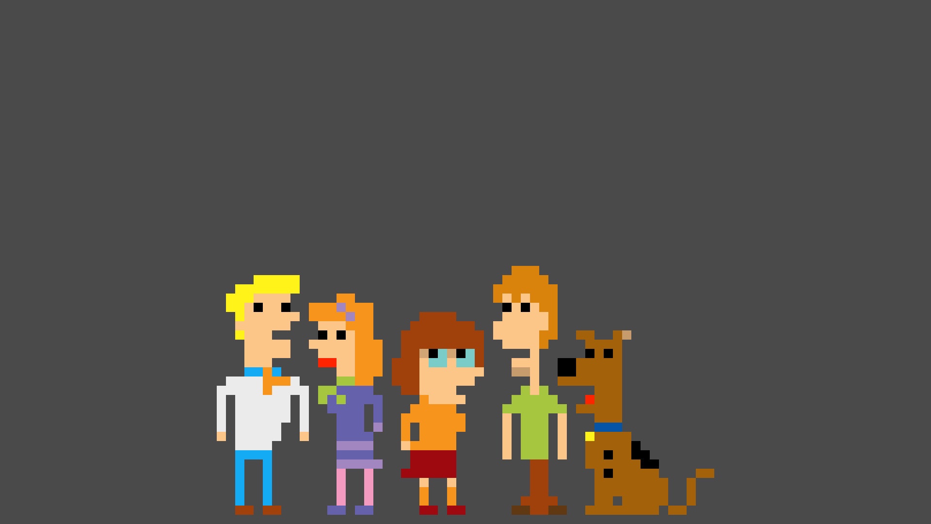 A pixel art image shows five characters from Scooby-Doo standing in a row against a plain gray background: Fred in a white…