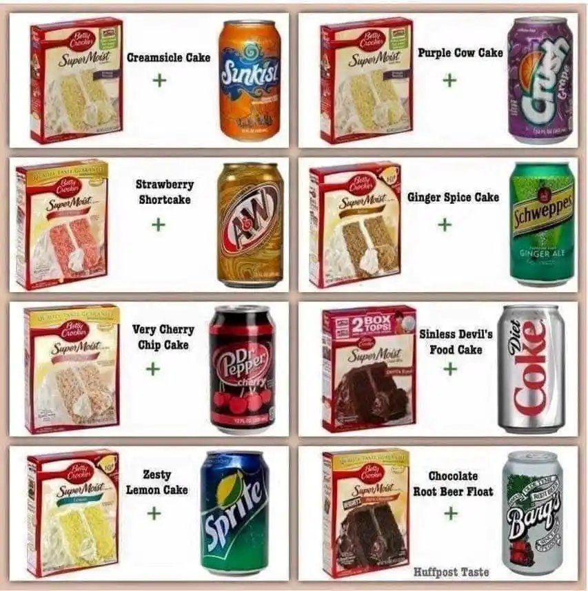 An image grid of eight combinations, each pairing a Betty Crocker cake mix box with a soda can, labeled with a humorous name…