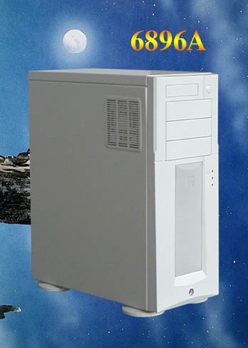 A white desktop computer tower is floating in space against a starry blue background with a full moon and a rocky planet…